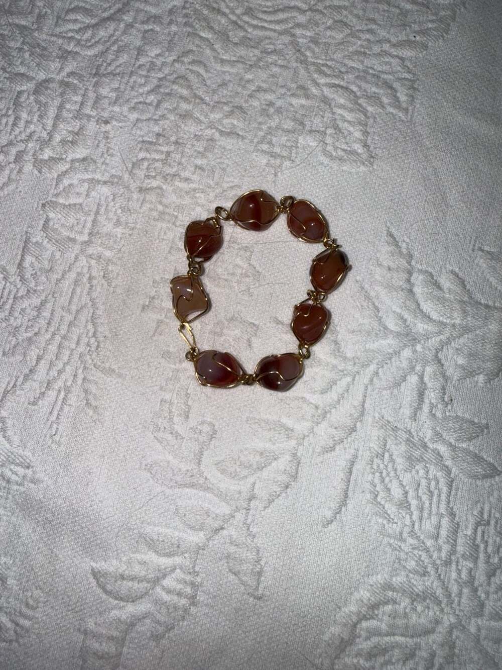 Vintage Gold Tone Wire Wrapped Red Agate Polished Stone Link Bracelet